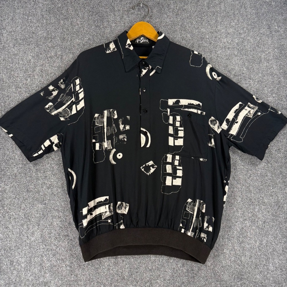 Alan Stuart Vintage Abstract Print Polo Shirt Men's Large Black White Short Slv